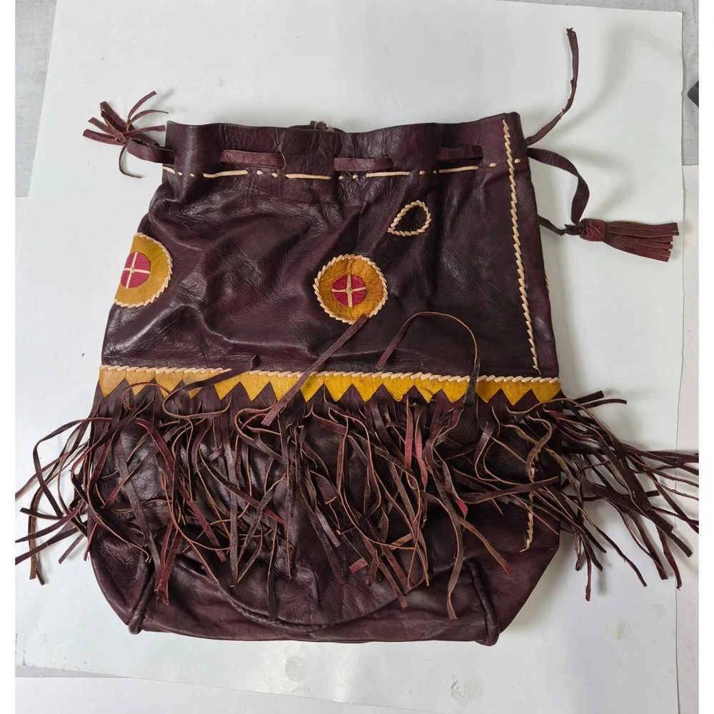 Vintage Handmade Leather Fringe Medicine Bag Drawstring Pouch Burgundy Boho